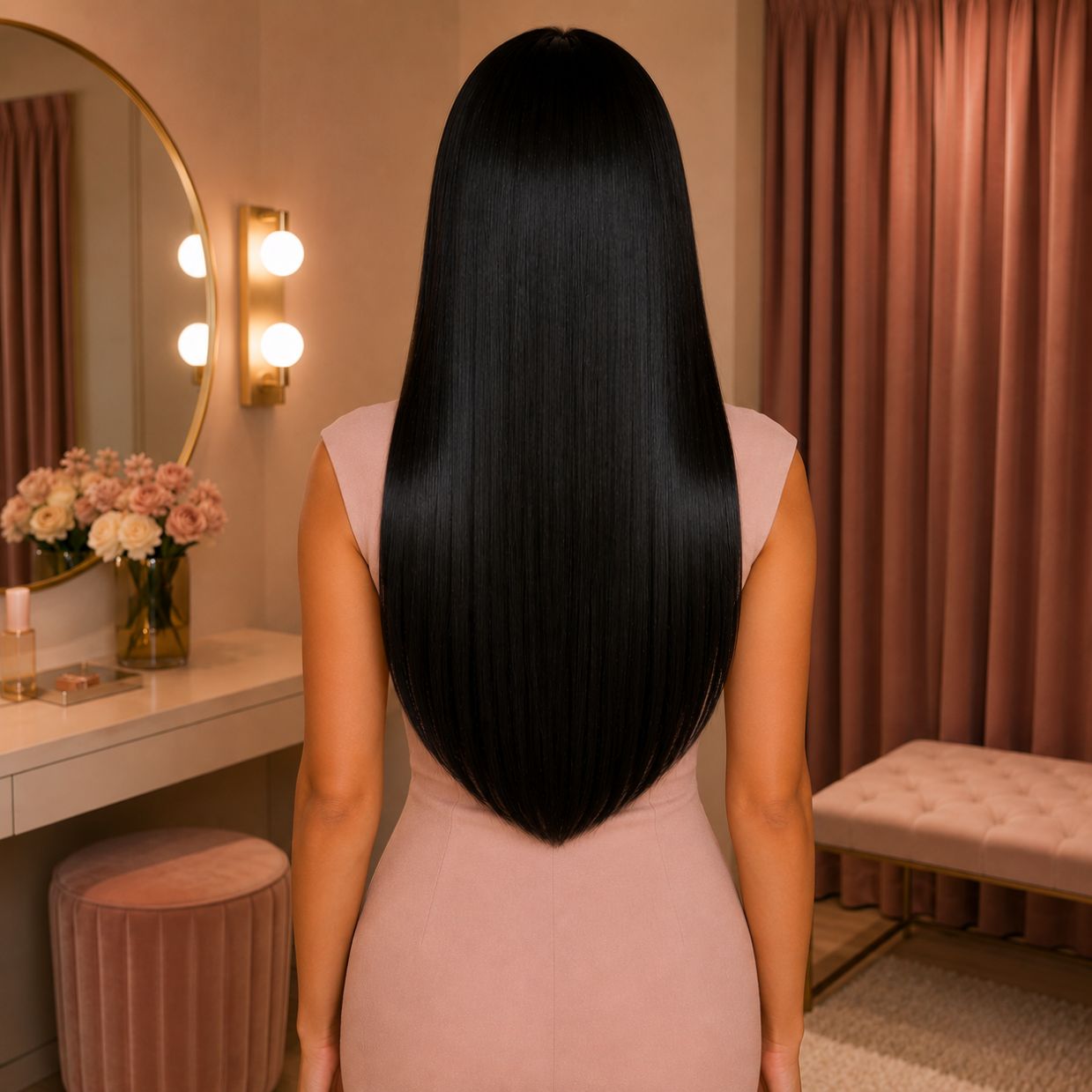 #1 Natural Black 20 inch clip-in hair extensions worn, back view - Sandy Bella