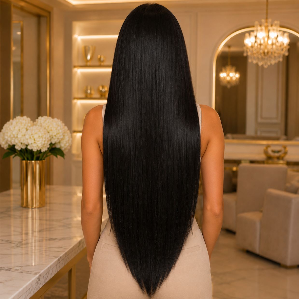 #1 Natural Black 24 inch clip-in hair extensions worn, back view showing full length - Sandy Bella