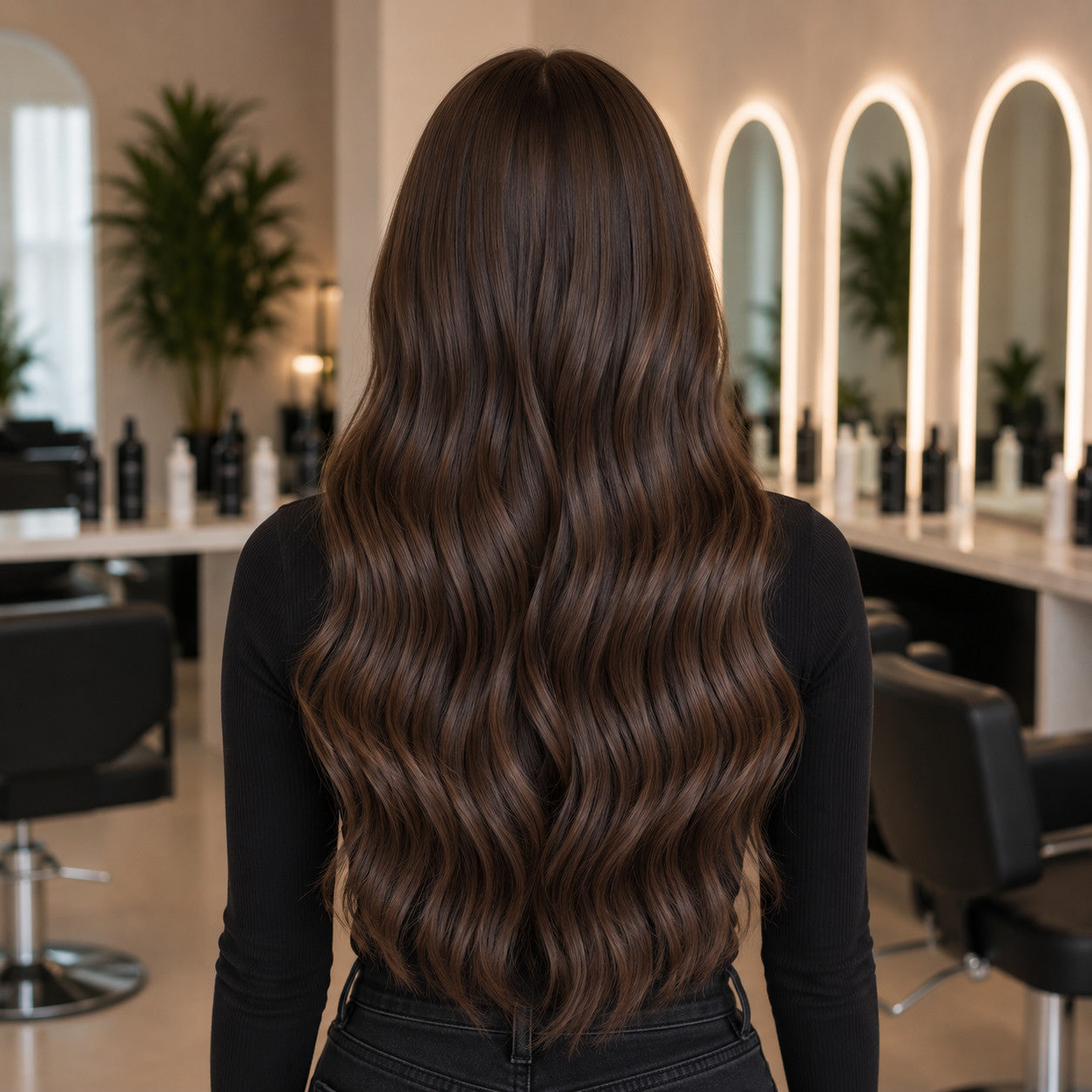 #2 Medium Ash Brown 24 inch clip-in hair extensions worn, back view showing full length and volume - Sandy Bella