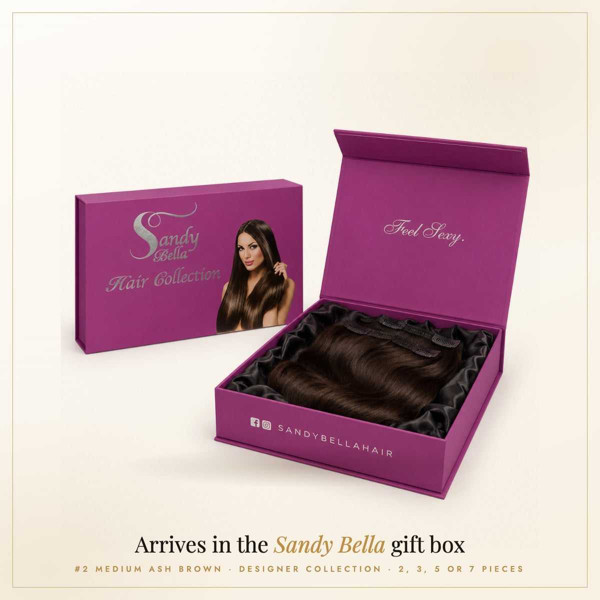 Sandy Bella #2 Medium Ash Brown Designer Collection handmade clip-in hair extensions in the signature gift box