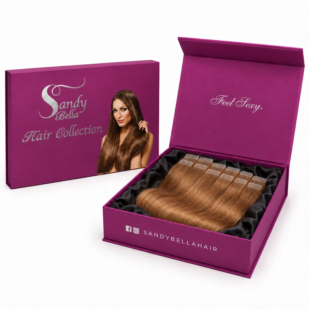 Sandy Bella #27 Honey Blonde tape-in hair extensions in the signature magenta gift box with satin lining
