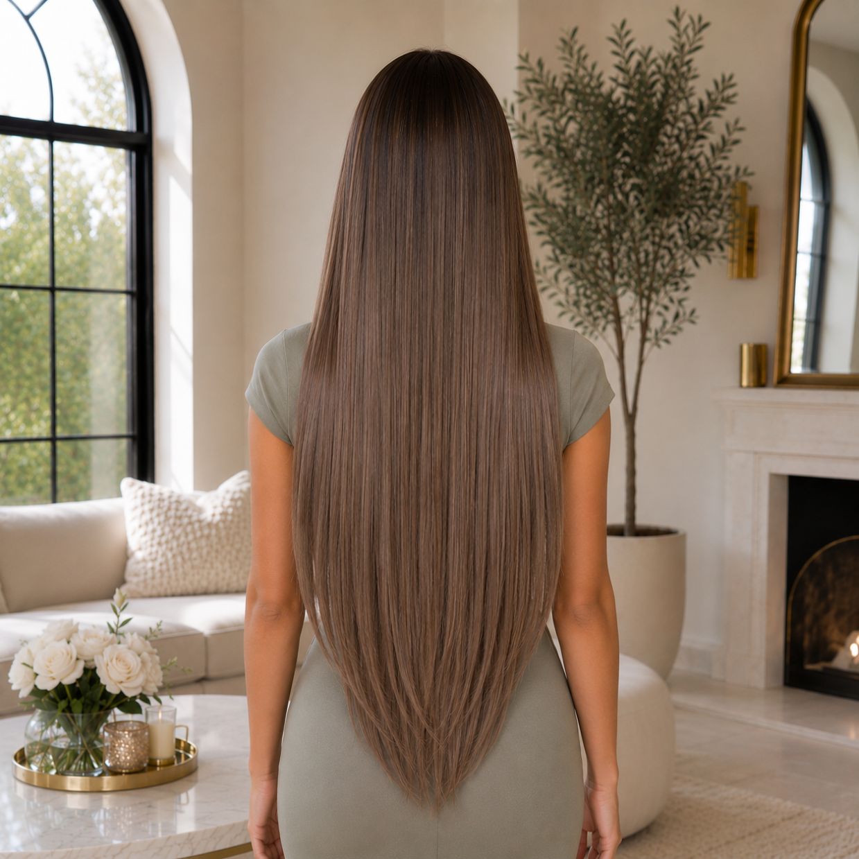 #4 Light Ash Brown 24 inch clip-in hair extensions worn, back view - Sandy Bella