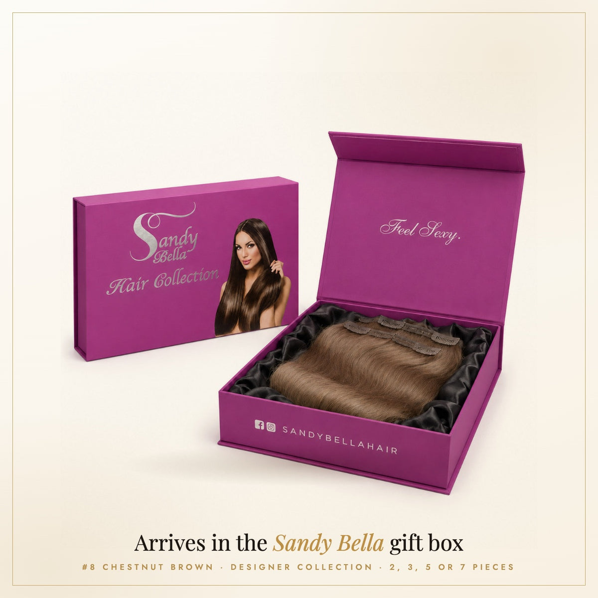 Sandy Bella #8 Chestnut Brown Designer Collection handmade clip-in hair extensions in the signature gift box