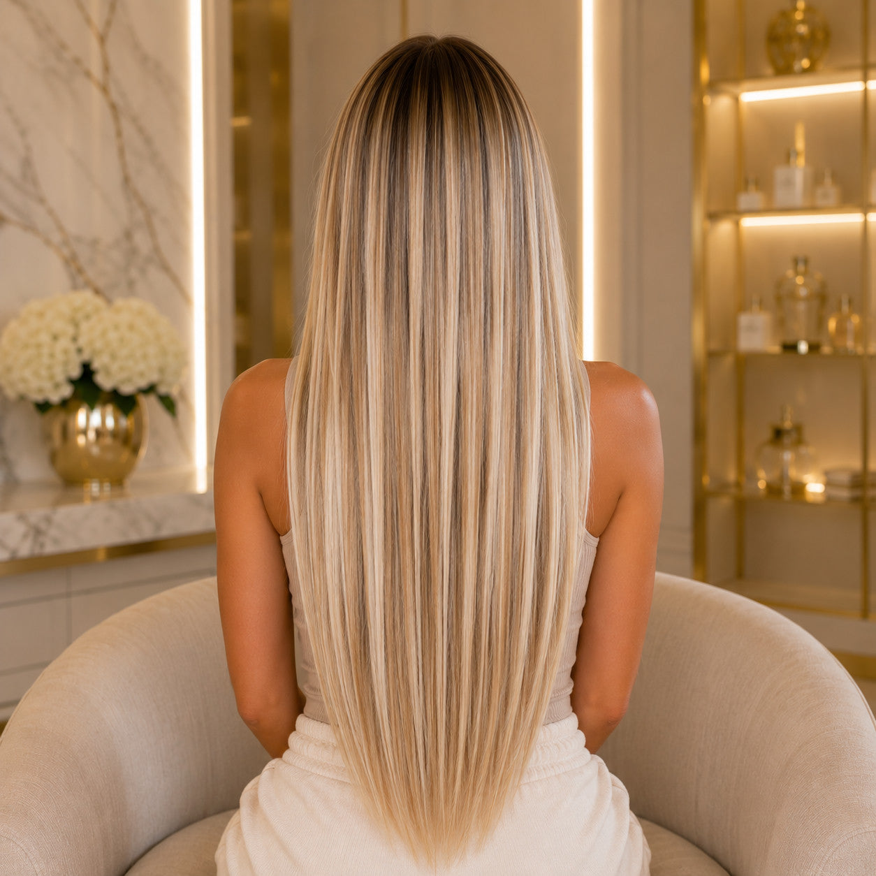 #P8/613 Highlights 24 inch clip-in hair extensions worn, back view showing highlighted length - Sandy Bella