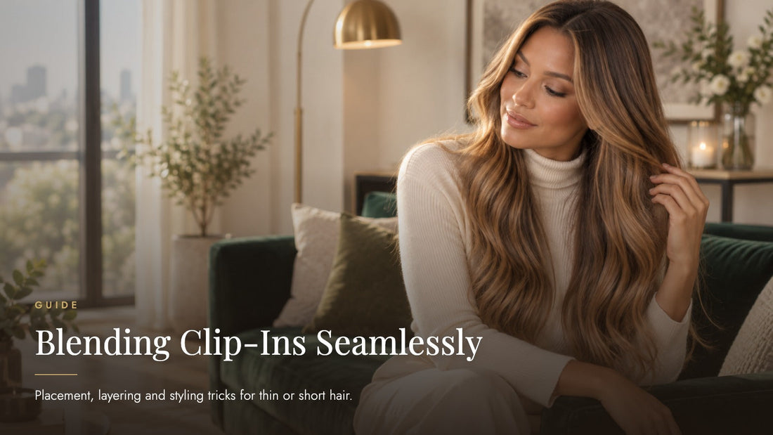 Woman with long golden-brown balayage waves seated on a green velvet sofa running her fingers through seamlessly blended hair, captioned Blending Clip-Ins Seamlessly - Sandy Bella guide for thin or short hair