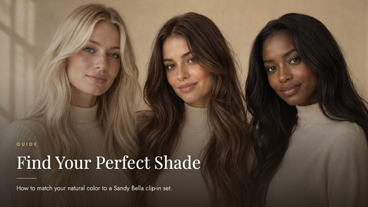 Three women with platinum blonde, chestnut brown and jet-black hair side by side in a warm beige studio, captioned Find Your Perfect Shade - Sandy Bella clip-in color matching guide