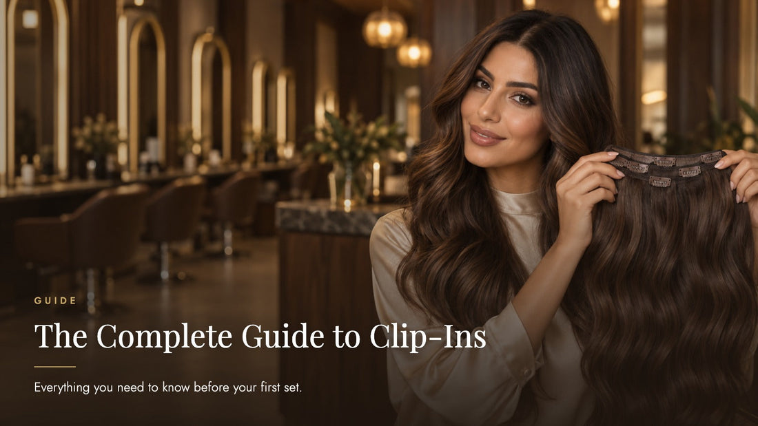 Smiling Middle Eastern woman with long wavy mocha brown hair holding up a clip-in hair extension weft in an upscale salon, captioned The Complete Guide to Clip-Ins - Sandy Bella beginner guide