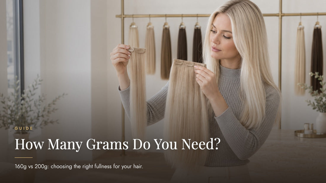 Platinum blonde woman in a bright hair atelier comparing a thin and a full clip-in hair weft side by side, captioned How Many Grams Do You Need - Sandy Bella 160g vs 200g guide