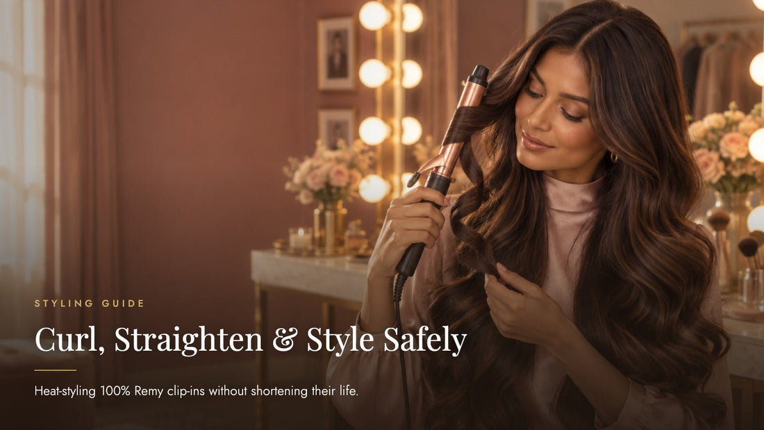 South Asian woman with long glossy dark curls using a rose-gold curling iron at a Hollywood-mirror vanity, captioned Curl, Straighten and Style Safely - Sandy Bella heat styling guide for clip-in extensions