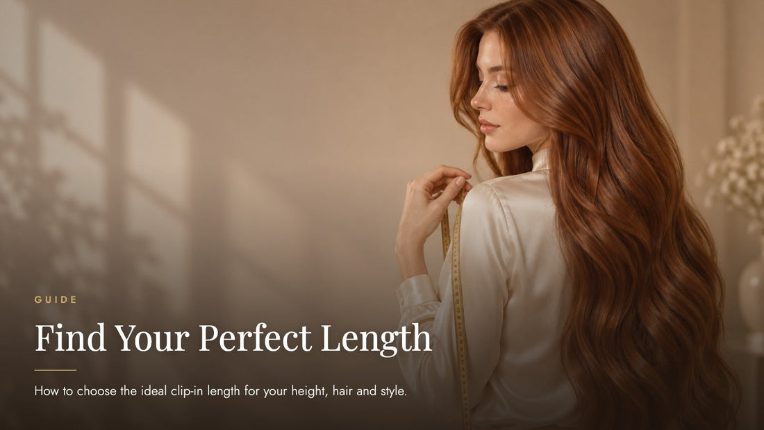 Woman with very long wavy copper-auburn hair seen from behind holding a gold measuring tape, captioned Find Your Perfect Length - Sandy Bella hair extension length guide
