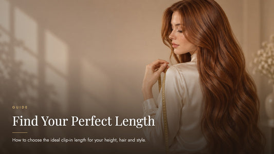 Woman with very long wavy copper-auburn hair seen from behind holding a gold measuring tape, captioned Find Your Perfect Length - Sandy Bella hair extension length guide