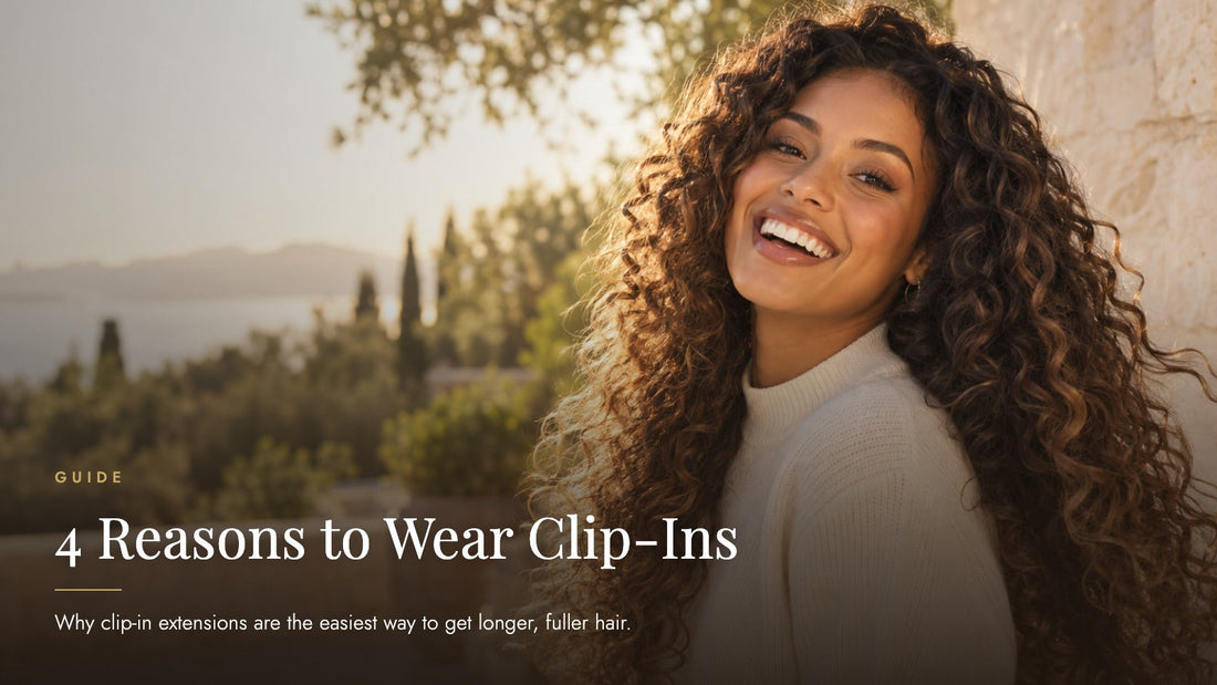 Laughing woman with long voluminous dark-to-caramel curly hair on a sunlit Mediterranean terrace, captioned 4 Reasons to Wear Clip-Ins - Sandy Bella clip-in hair extension benefits guide