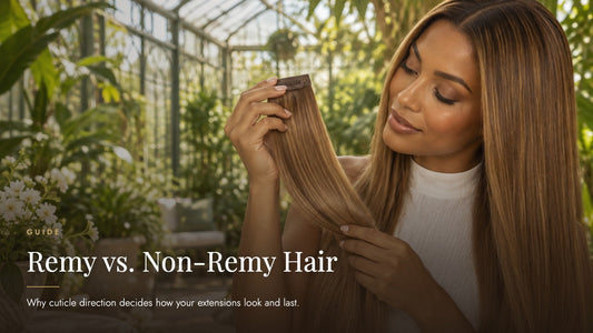 Woman with long silky golden-brown hair examining the strands of a clip-in hair weft in a bright plant-filled conservatory, captioned Remy vs. Non-Remy Hair - Sandy Bella guide to Remy human hair extensions