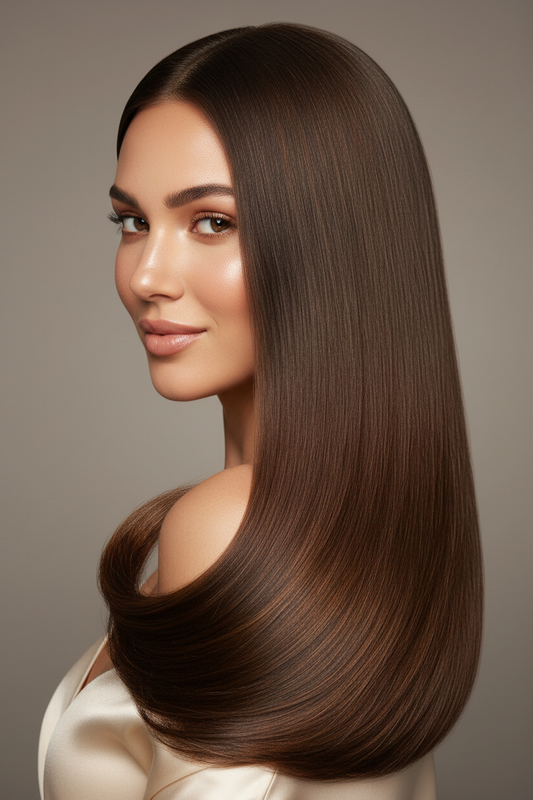 Close-up of long, glossy, healthy human hair extensions catching the light, cover image for how long human hair extensions last