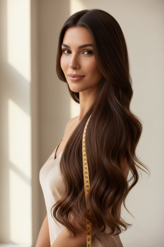 Woman with long flowing brunette hair and a measuring tape draped through it, cover image for the hair extension length chart guide