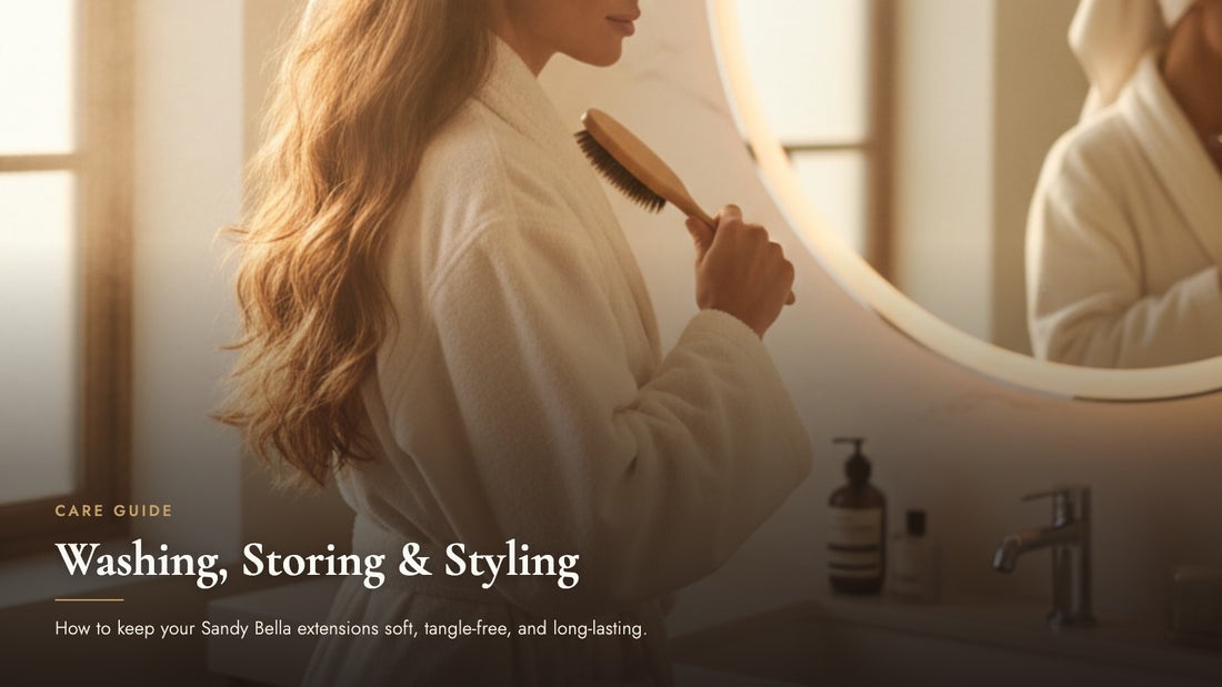 Woman in a bathrobe brushing her long hair in front of a bathroom mirror, cover image for the clip-in hair extensions care guide on washing, storing, and styling