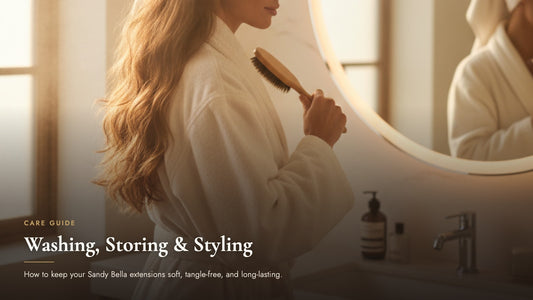 Woman in a bathrobe brushing her long hair in front of a bathroom mirror, cover image for the clip-in hair extensions care guide on washing, storing, and styling