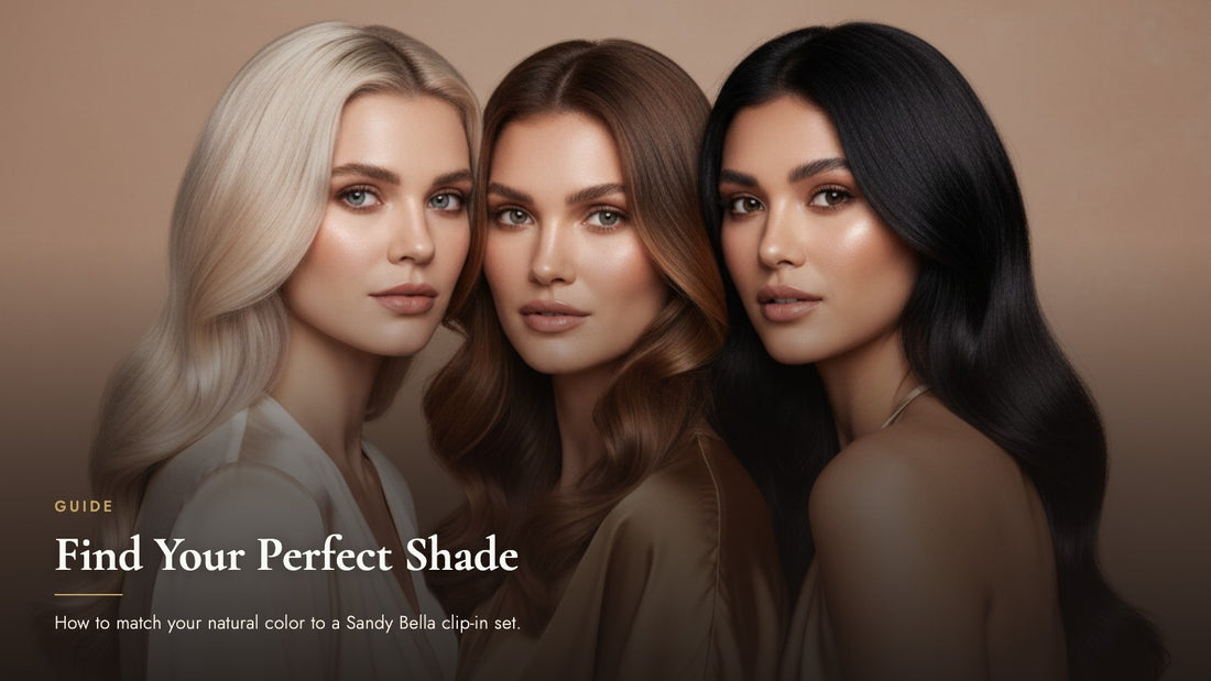 Three models with platinum blonde, chestnut brown, and black hair side by side, illustrating how to match hair color to Sandy Bella clip-in extensions