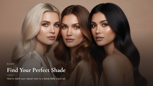 Three models with platinum blonde, chestnut brown, and black hair side by side, illustrating how to match hair color to Sandy Bella clip-in extensions
