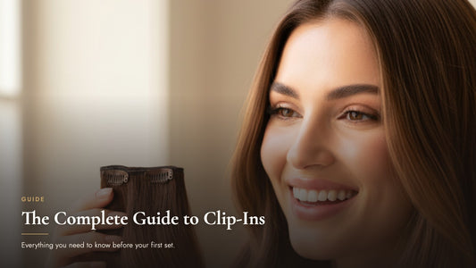 Smiling woman holding a clip-in hair extension weft next to her own hair to compare color and texture, cover image for the complete guide to clip-in hair extensions