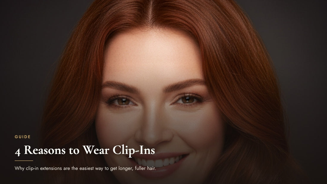 Close-up portrait of a smiling woman with long voluminous auburn hair, cover image for 4 reasons to wear clip-in hair extensions