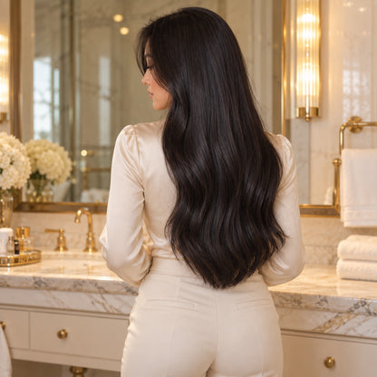 #1 Black 20 inch tape-in hair extensions worn, back view showing full length - Sandy Bella