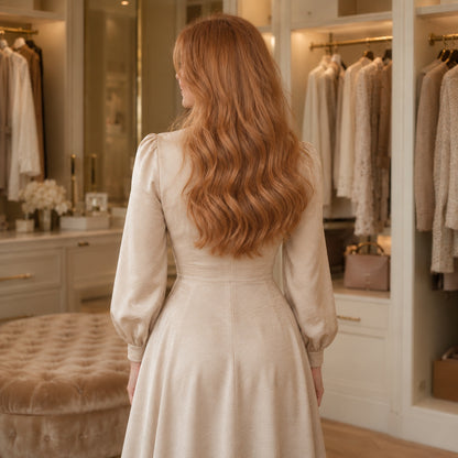#30 Reddish Blonde 20 inch tape-in hair extensions worn, back view showing full length - Sandy Bella