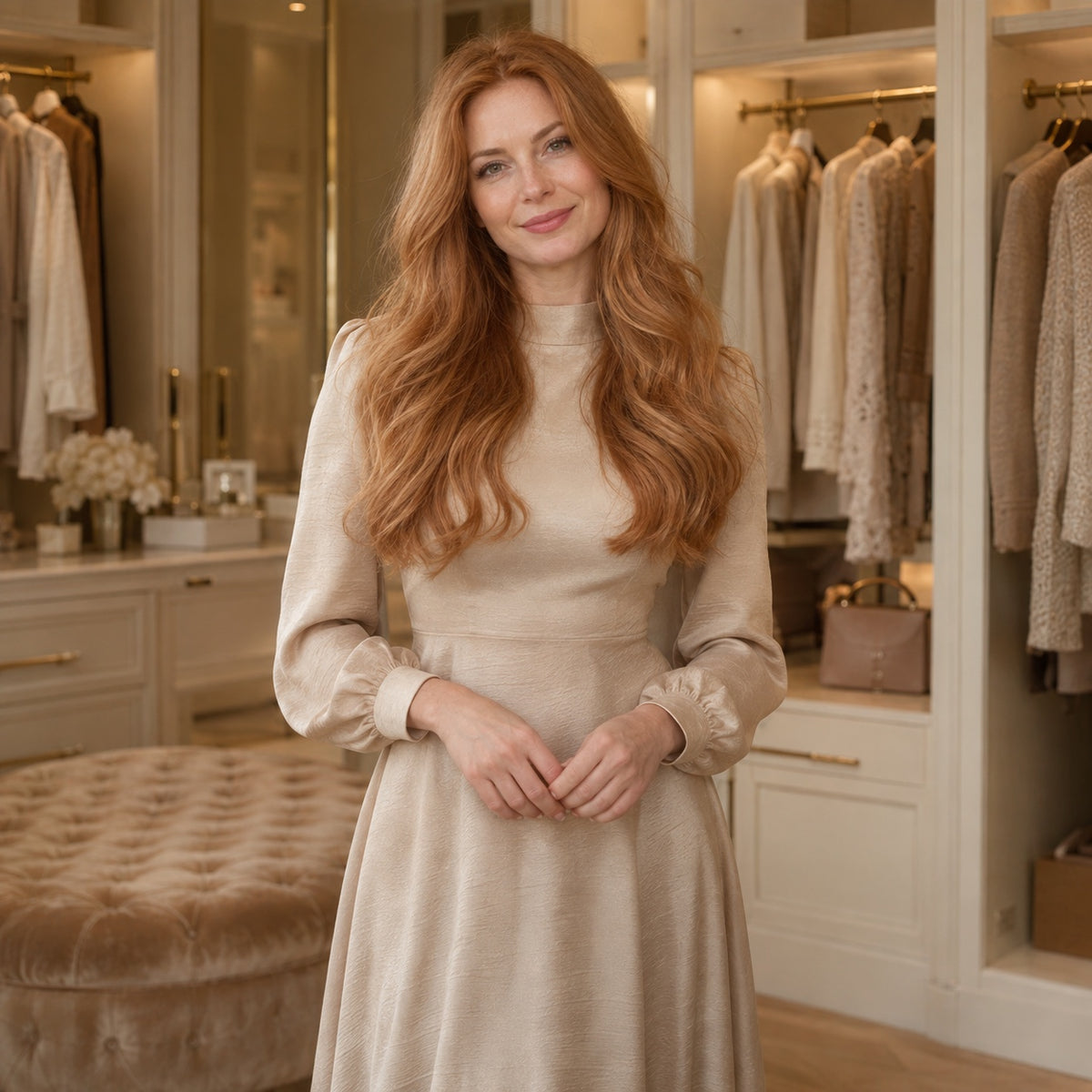 Model wearing #30 Reddish Blonde 20 inch tape-in hair extensions, front view - Sandy Bella