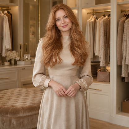 Model wearing #30 Reddish Blonde 20 inch tape-in hair extensions, front view - Sandy Bella