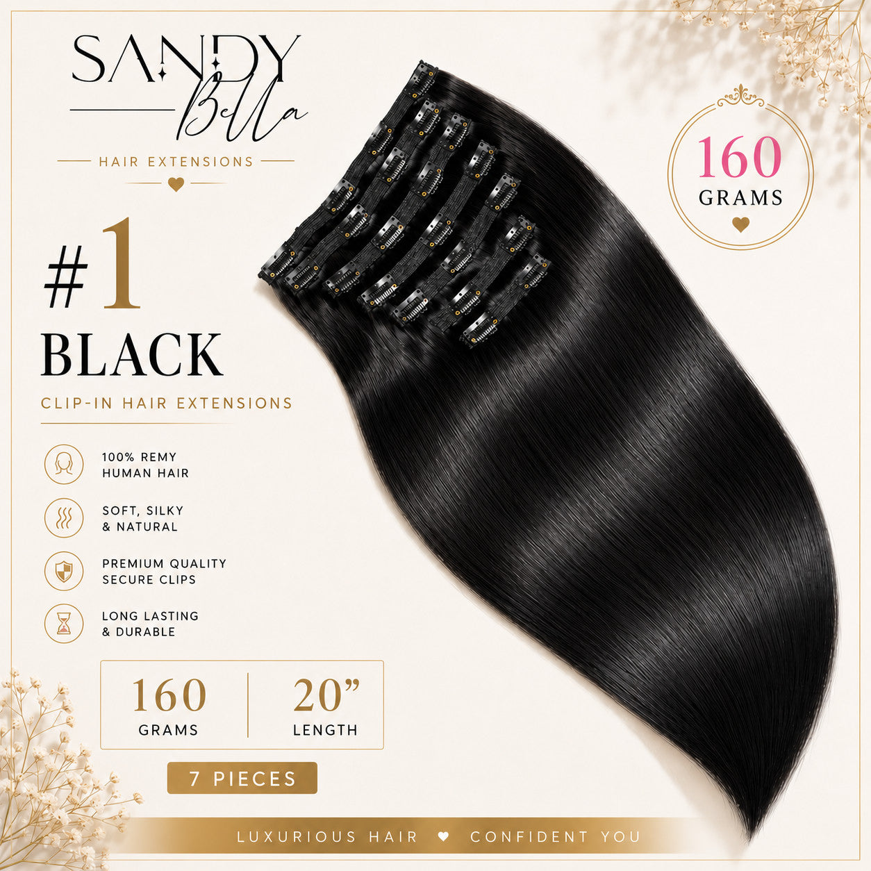 #1 Black 20" Clip-in Hair Extensions 160 Grams 7 pieces - Sandy Bella product card with clips detail
