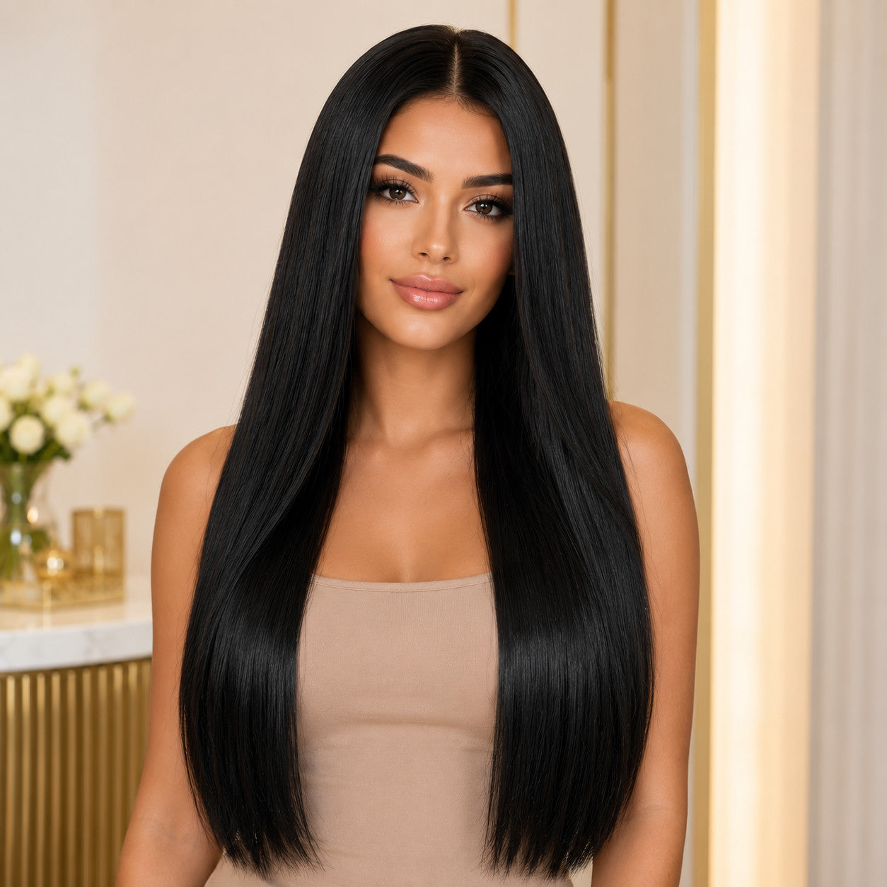 Model wearing #1 Black 20 inch clip-in hair extensions, front view - Sandy Bella