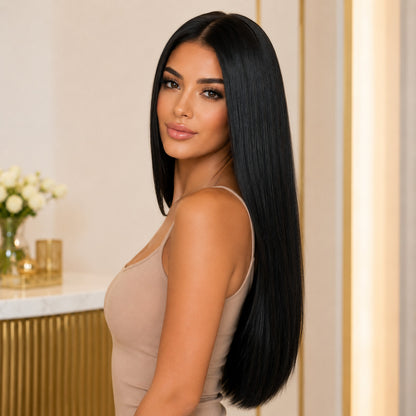 Model wearing #1 Black 20 inch clip-in extensions, side profile showing sleek length - Sandy Bella
