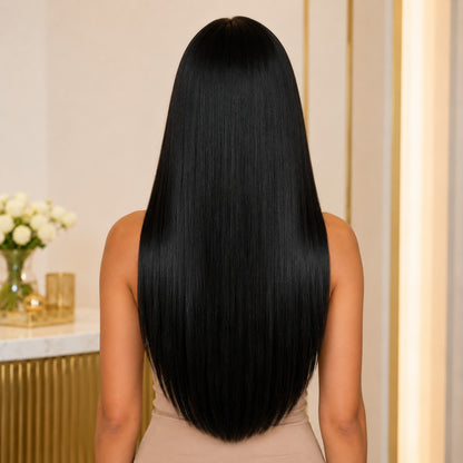 #1 Black 20 inch clip-in hair extensions worn, back view showing full length and volume - Sandy Bella
