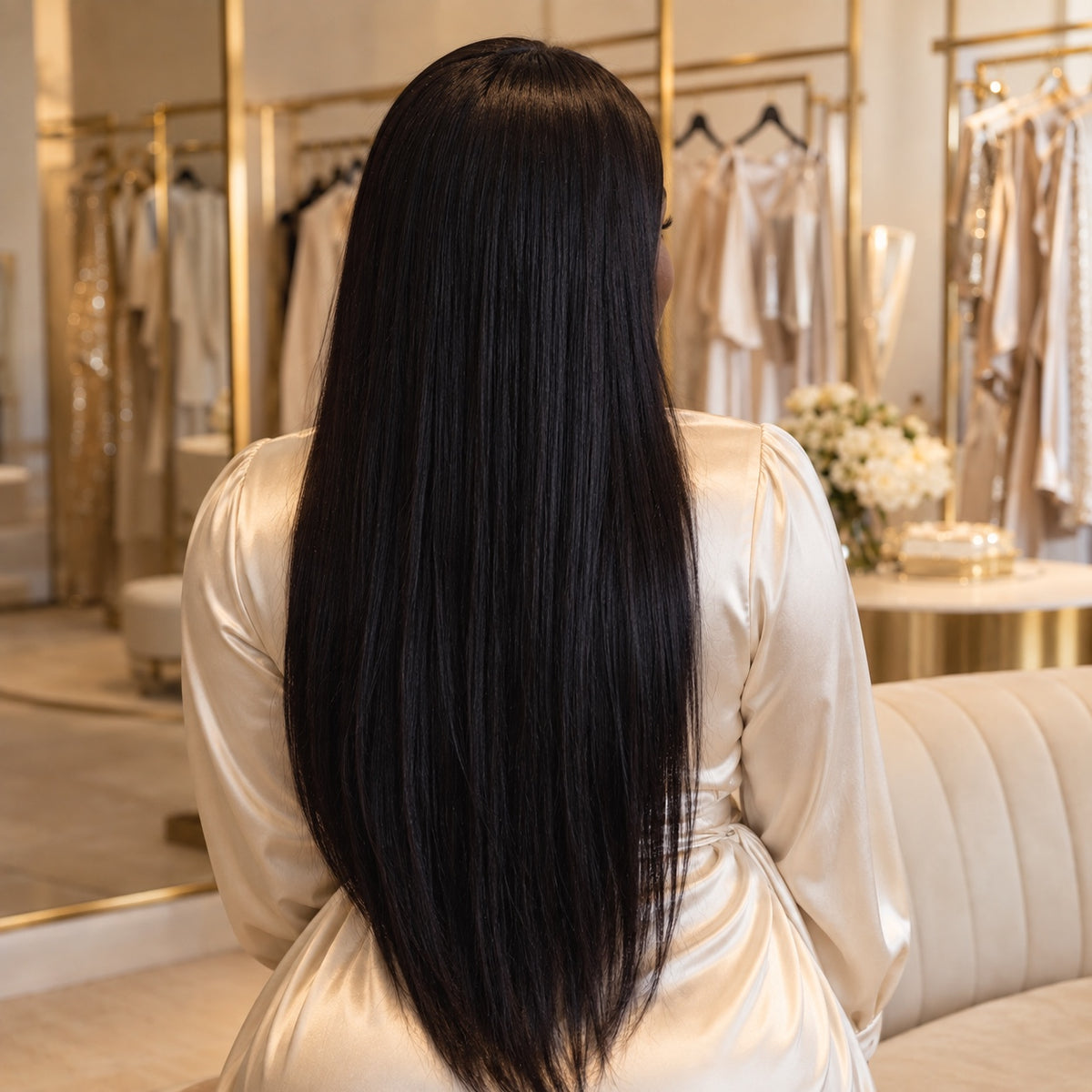 #1 Black 20 inch clip-in hair extensions worn, back view showing full length and volume - Sandy Bella