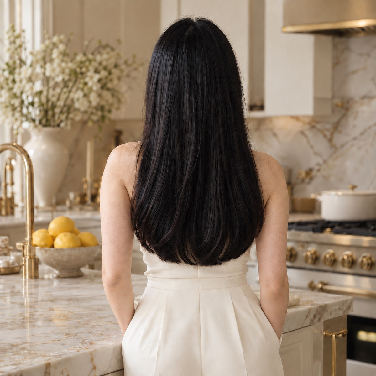 #1 Black 20 inch tape-in hair extensions worn, back view showing full length and volume - Sandy Bella