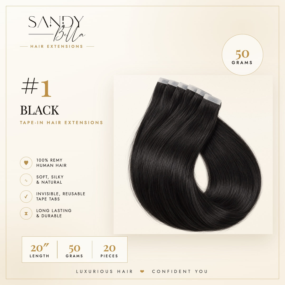 #1 Black 20 inch tape-in hair extensions product card: 50 grams, 20 pieces, 100% Remy human hair - Sandy Bella
