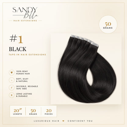 #1 Black 20 inch tape-in hair extensions product card: 50 grams, 20 pieces, 100% Remy human hair - Sandy Bella