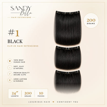 #1 Black 24" Clip-in Hair Extensions 200 Grams 10 pieces - Sandy Bella product card with clips detail