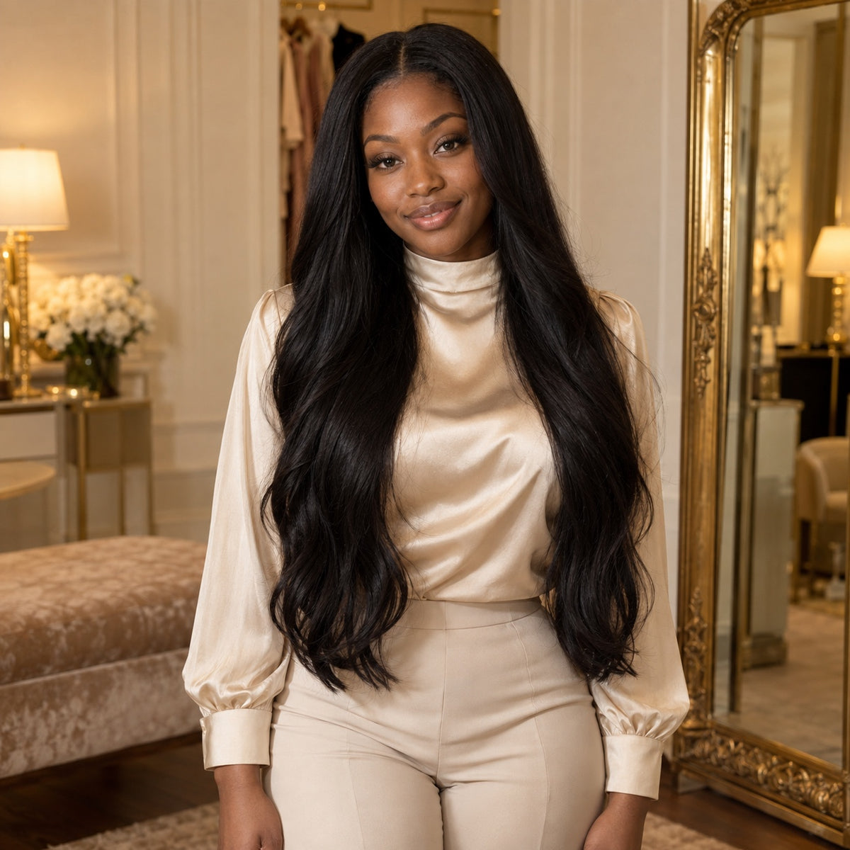 Model wearing #1 Black 24 inch clip-in hair extensions, front view - Sandy Bella
