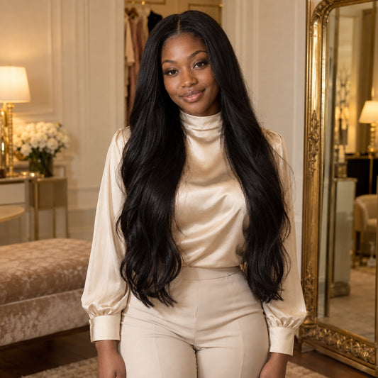 Model wearing #1 Black 24 inch clip-in hair extensions, front view - Sandy Bella