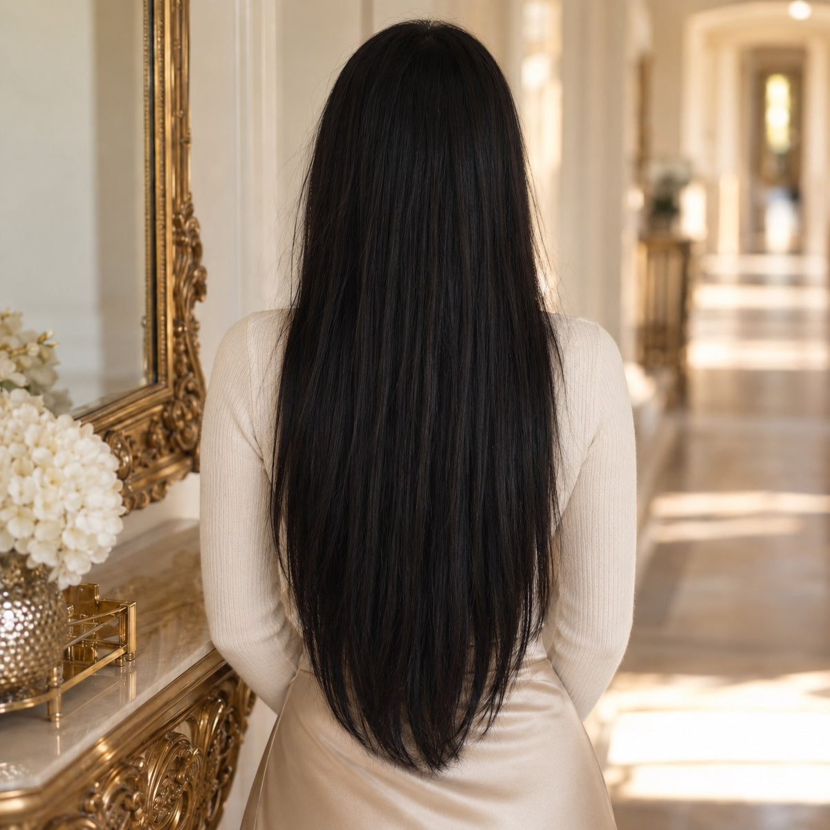 #1 Black 24 inch clip-in hair extensions worn, back view showing full length and volume - Sandy Bella