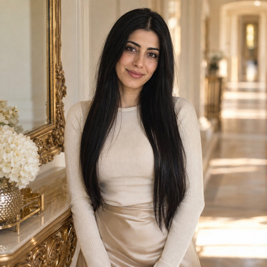 Model wearing #1 Black 24 inch clip-in hair extensions, front view - Sandy Bella