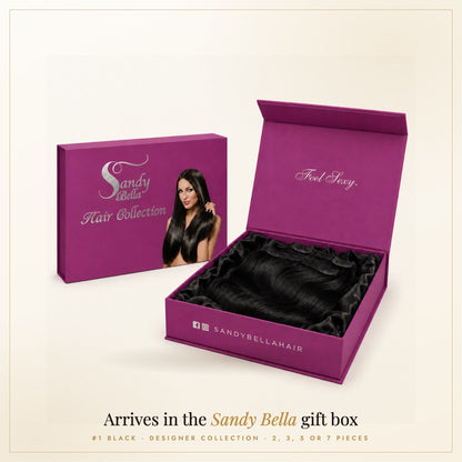 Sandy Bella #1 Black Designer Collection handmade clip-in hair extensions in the signature gift box