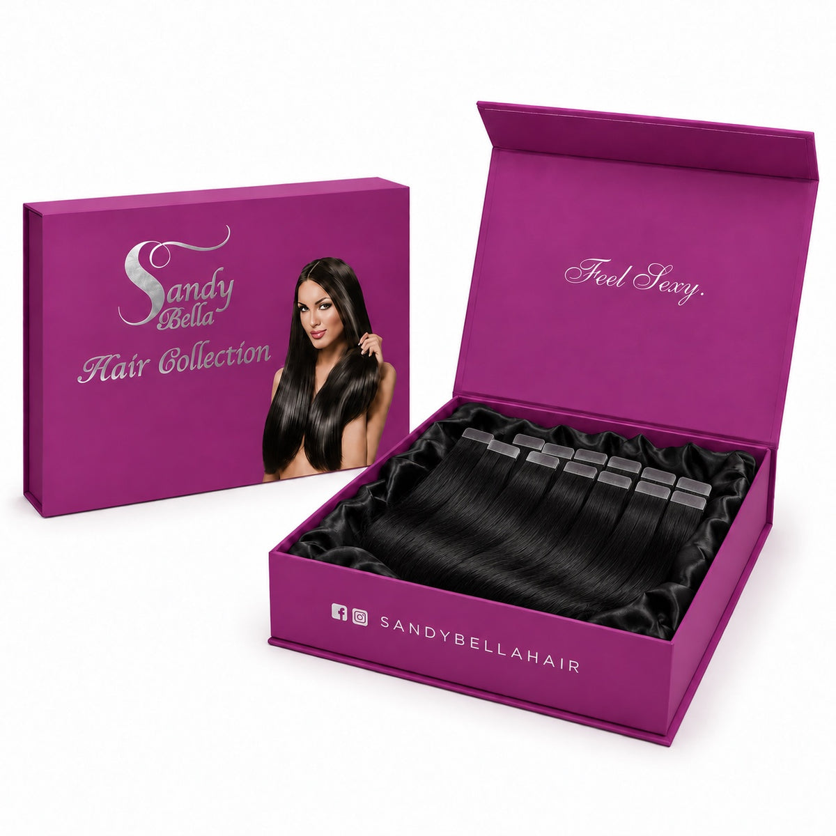 Sandy Bella #1 Black tape-in hair extensions in the signature magenta gift box with satin lining