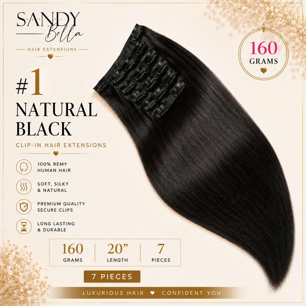 #1 Natural Black 20" Clip-in Hair Extensions 160 Grams 7 pieces - Sandy Bella product card with clips detail