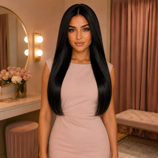 Model wearing #1 Natural Black 20 inch clip-in hair extensions, front view - Sandy Bella