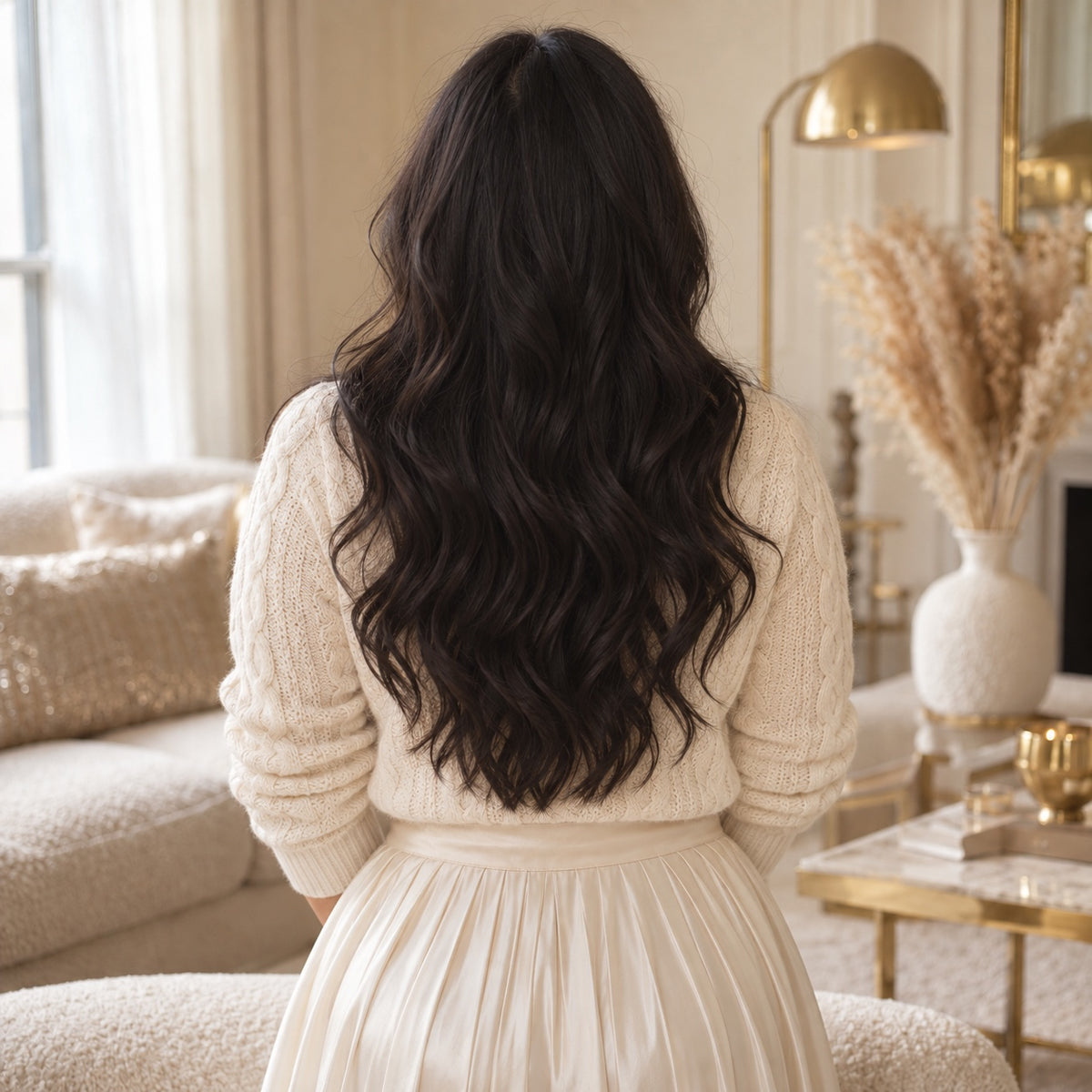 #1 Natural Black 20 inch clip-in hair extensions worn, back view showing full length and volume - Sandy Bella