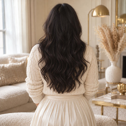 #1 Natural Black 20 inch clip-in hair extensions worn, back view showing full length and volume - Sandy Bella