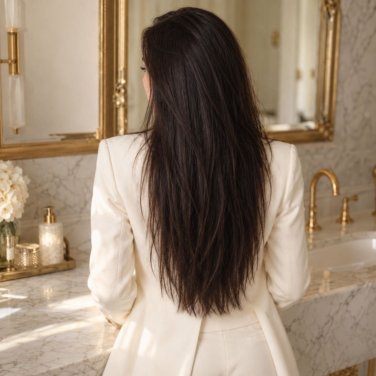 #1 Natural Black 20 inch tape-in hair extensions worn, back view showing full length and volume - Sandy Bella