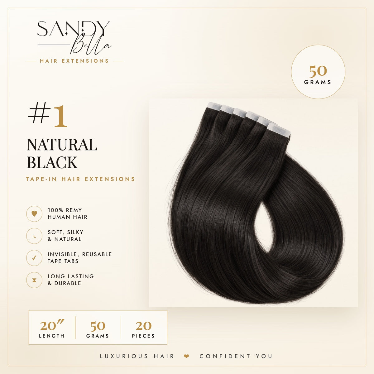 #1 Natural Black 20 inch tape-in hair extensions product card: 50 grams, 20 pieces, 100% Remy human hair - Sandy Bella